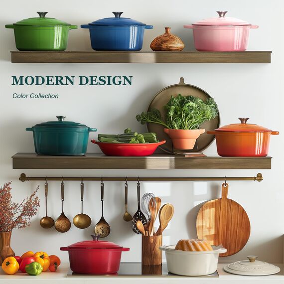 Overmont Bräter emaille Gusseisen Topf - Schmortopf 28cm backofengeeignet - mit Deckel und Kochbuch - für Küche Backen Schmoren Braten Seeblau