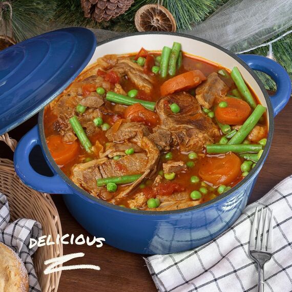 Overmont Schmortopf Gusseisen Topf 26cm - Emaille Bräter mit Deckel backofengeeignet - mit Kochbuch - für Küche Backen Schmoren Braten Blau