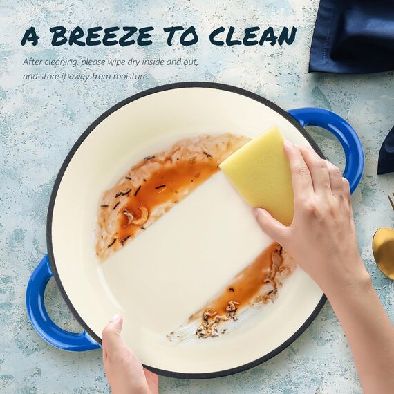 Overmont Schmortopf Gusseisen Topf 26cm - Emaille Bräter mit Deckel backofengeeignet - mit Kochbuch - für Küche Backen Schmoren Braten Blau