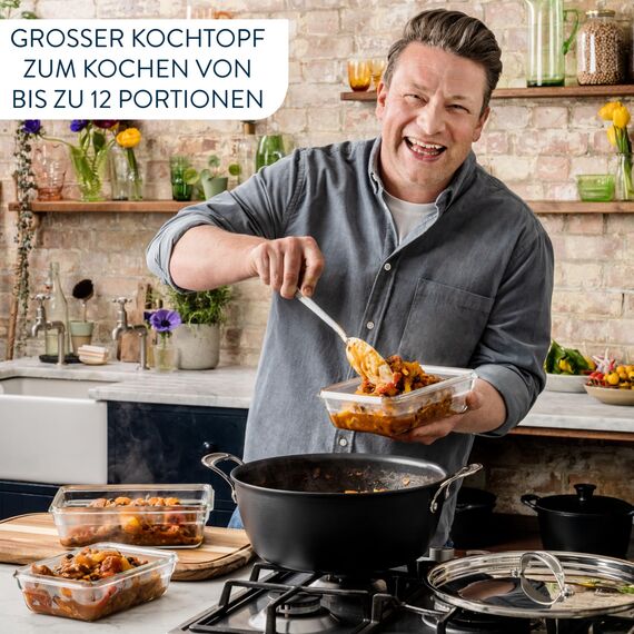 Tefal Jamie Oliver Batch-Cooking Set, Harteloxierter Kochtopf Induktion 30 cm, Antihaftversiegelung, für große Mengen, Thermo-Signal bei idealer Brattemperatur, Edelstahl/Schwarz, H91254