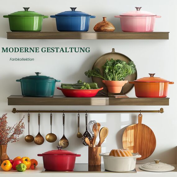 Overmont Bräter emaille Gusseisen Topf - Schmortopf 26cm backofengeeignet - mit Deckel und Kochbuch - für Küche Backen Schmoren Braten Seeblau