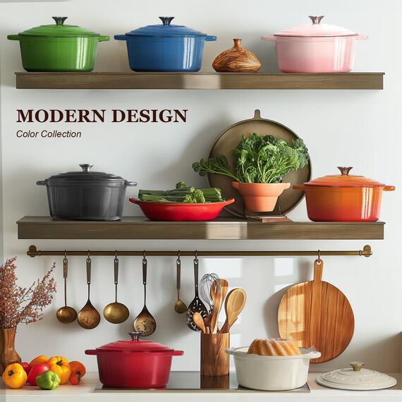 Overmont Bräter emaille Gusseisen Topf - Schmortopf 24cm backofengeeignet - mit Deckel und Kochbuch - für Küche Backen Schmoren Braten Rosa