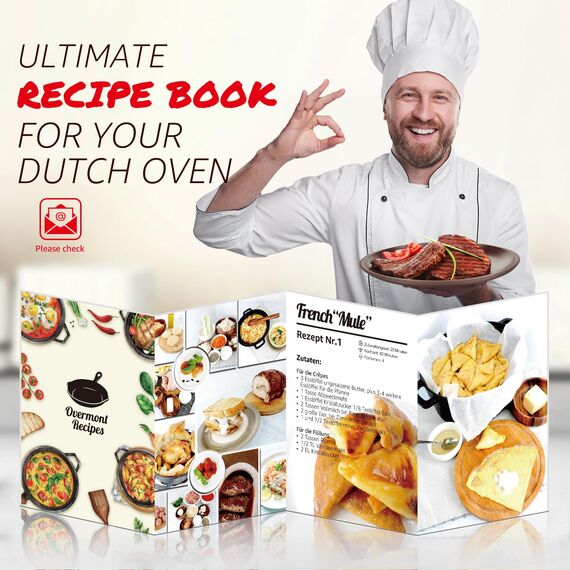 Overmont Schmortopf Gusseisen Topf 26cm - Emaille Bräter mit Deckel backofengeeignet - mit Kochbuch - für Küche Backen Schmoren Braten Rot