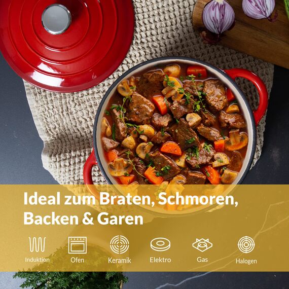 Chefarone Gusseisen Topf 24 cm, 3,5 L – Schmortopf emailliert mit Deckel für Brot backen, Schmoren & Braten – Brotbacktopf Induktion