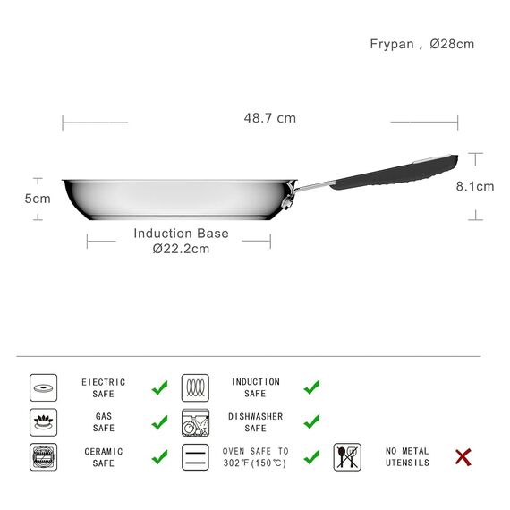 Amazon Basics Edelstahl-Bratpfanne mit Antihaftbeschichtung - induktionsgeeignet, mit bequemem Griff - 28 cm