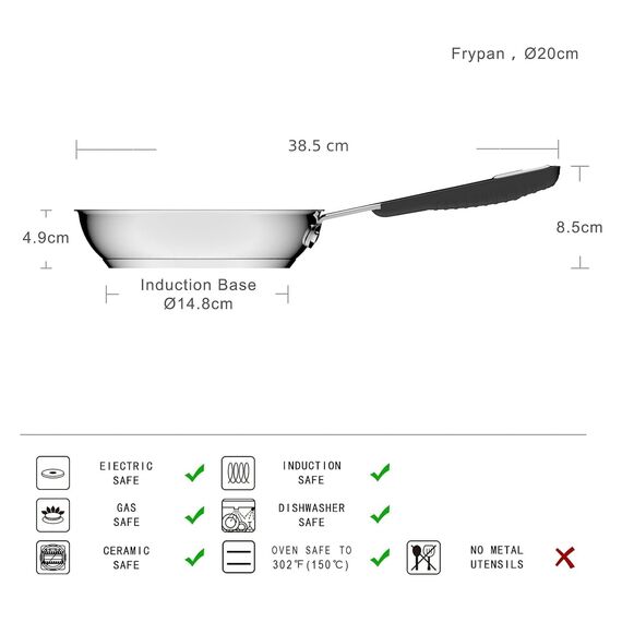 Amazon Basics Edelstahl-Bratpfanne mit Antihaftbeschichtung - Induktionsgeeignet, mit bequemem Griff - 20 cm
