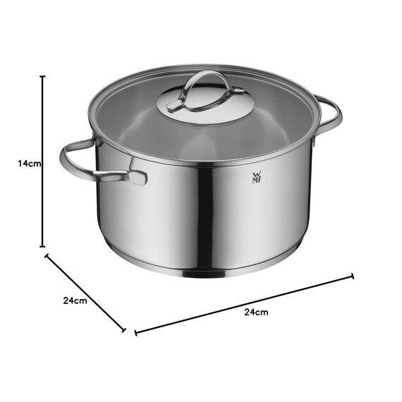 WMF Aparto Kochtopf groß 24cm, mit Glasdeckel, Fleischtopf, Induktionsgeeignet, 5,7l, Cromargan Edelstahl, hochglanzpoliert, backofengeeignet, unbeschichtet