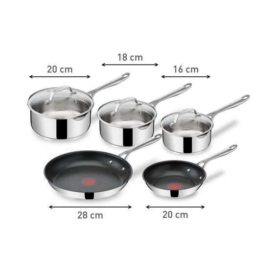 Tefal Jamie Oliver Cook's Direct On 8-teiliges Edelstahl-Pfannenset: Pfannen 20/28 cm, Stielkasserollen 16/18/20 cm + Deckel, Antihaftbeschichtung, Thermo-Signal, genieteter Griff, Induktion, E304S544