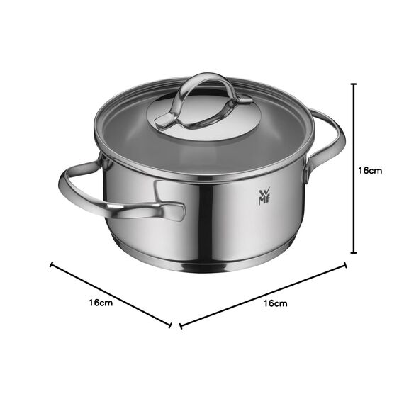 WMF Aparto Kochtopf klein 16cm, mit Glasdeckel, Bratentopf, Induktionsgeeignet, 1,4l, Cromargan Edelstahl, poliert, unbeschichtet, spülmaschinengeeignet
