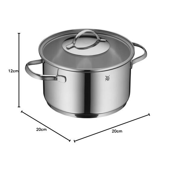 WMF Aparto Kochtopf groß 20cm, mit Glasdeckel, Fleischtopf, Induktionsgeeignet, 3,3l, Cromargan Edelstahl, poliert, unbeschichtet