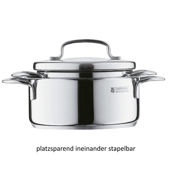 WMF Mini Topf klein 12cm, Metalldeckel, kleiner Kochtopf, Bratentopf Induktion 0,7l, kleiner Topf, Cromargan Edelstahl poliert, stapelbar, für kleine Portionen, Singlehaushalte