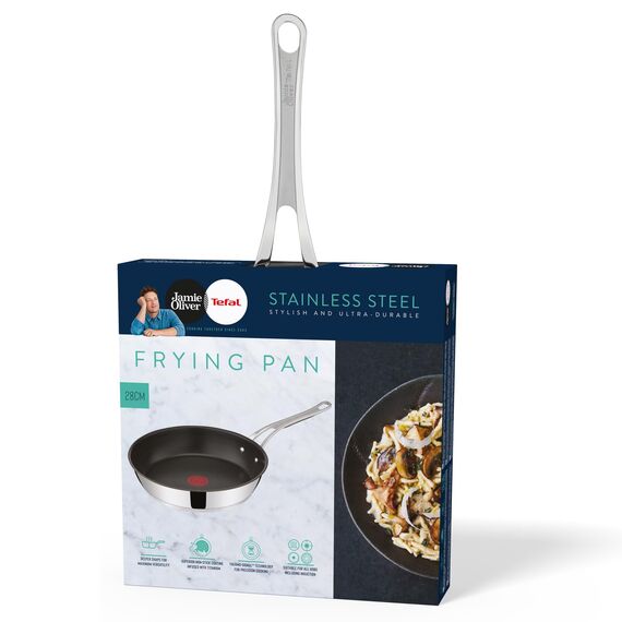 Tefal Jamie Oliver Cook's Classics Bratpfanne 28 cm, Pfanne Induktion, Antihaftversiegelung, Thermo-Signal bei idealer Brattemperatur, backofenfest, Edelstahlpfanne, genieteter Griff, E3060635