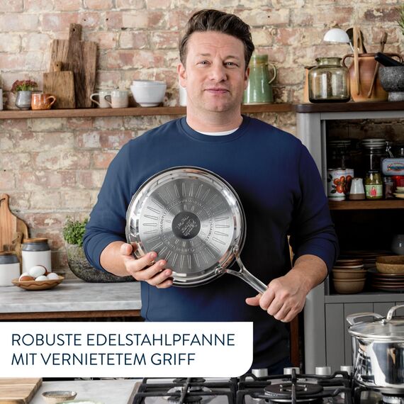 Tefal Jamie Oliver Cook's Classics Bratpfanne 28 cm, Pfanne Induktion, Antihaftversiegelung, Thermo-Signal bei idealer Brattemperatur, backofenfest, Edelstahlpfanne, genieteter Griff, E3060635