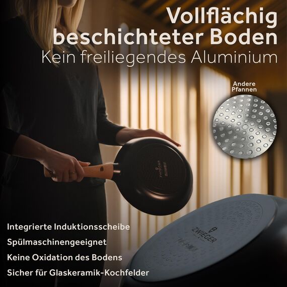 ZWIEGER Keramik Pfannenset ohne PTFE und PFOA – Pfannen PFAS frei, Aluguss, für alle Herdarten (inklusive Induktion) geeignet - Keramikbeschichtung, 28 cm, 24 cm und 20 cm