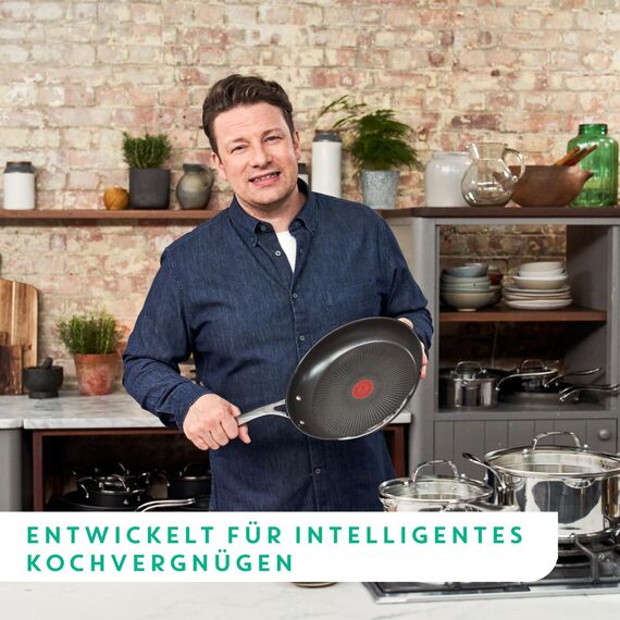 Tefal Jamie Oliver Cook's Direct On 8-teiliges Edelstahl-Pfannenset: Pfannen 20/28 cm, Stielkasserollen 16/18/20 cm + Deckel, Antihaftbeschichtung, Thermo-Signal, genieteter Griff, Induktion, E304S544