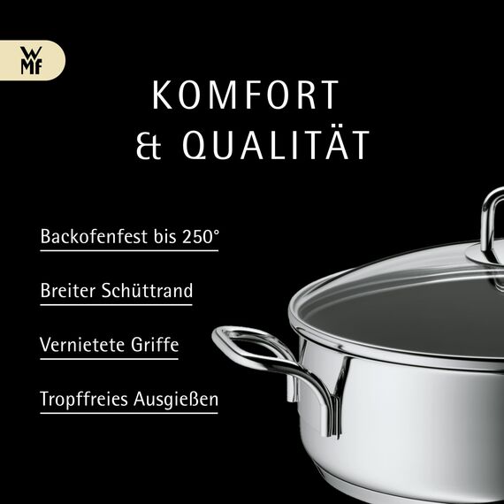 WMF Schmorpfanne 28 cm mit hohem Rand und Deckel – Induktions-Bräter 5,0l aus Cromargan Edelstahl, antihaftbeschichtet und backofengeeignet, robuste Pfanne für Schmoren, Braten und vielseitiges Kochen