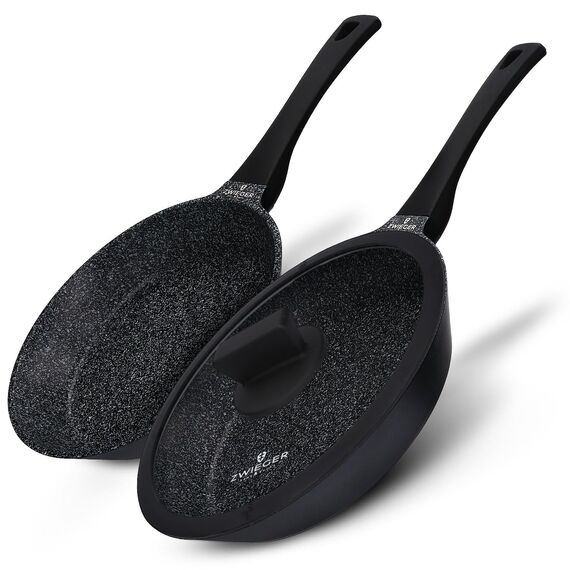 ZWIEGER Hochwertiges 3-teiliges Pfannenset – Pfannen 28 & 24 cm mit 28 cm Deckel, Aluguss, vollflächiger Edelstahlboden, für alle Herdarten (inklusive Induktion) geeignet – Antihaft, PFOA- & PFOS-frei