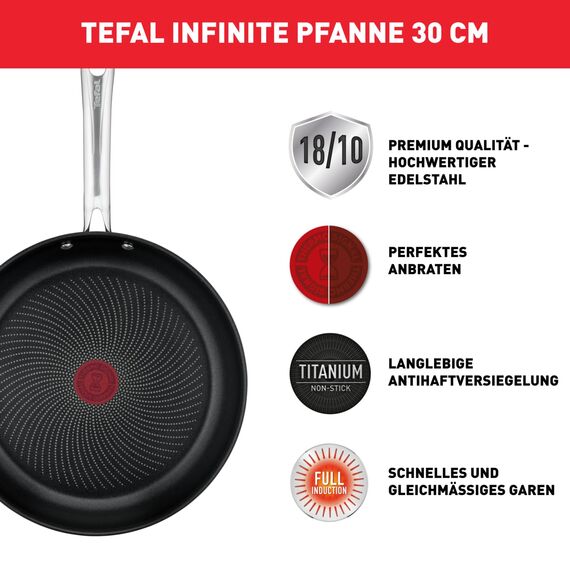 Tefal Infinite Pfanne Induktion 30 cm, Bratpfanne mit Antihaftversiegelung, Thermo-Signal bei idealer Brattemperatur, einfache Reinigung, für alle Herdarten geeignet, Premium-Edelstahl, H81507