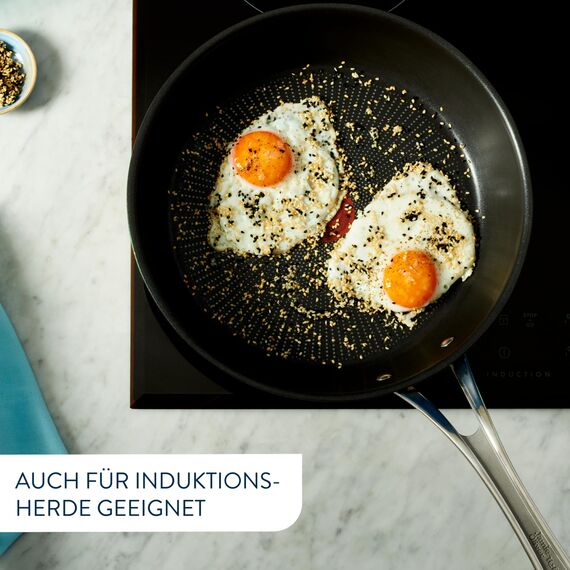 Tefal Jamie Oliver Cook’s Classic Bratpfanne 28 cm + Together Booklet mit 6 Rezepten, Antihaftversiegelung, Thermo-Signal Silikon-Griff, induktionsgeeignet, ofenfest, Edelstahl, schwarz