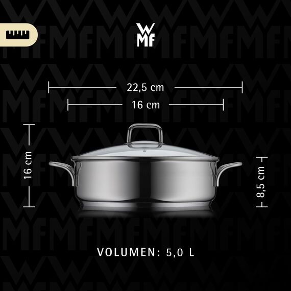 WMF Schmorpfanne 28 cm mit hohem Rand und Deckel – Induktions-Bräter 5,0l aus Cromargan Edelstahl, antihaftbeschichtet und backofengeeignet, robuste Pfanne für Schmoren, Braten und vielseitiges Kochen