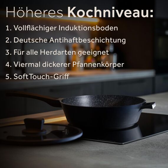 ZWIEGER Große Pfanne mit Deckel 28cm – Schmorpfanne 28 cm hoher Rand, Aluguss, vollflächiger Edelstahlboden, für alle Herdarten (inklusive Induktion) geeignet – Antihaft, PFOA- & PFOS-frei