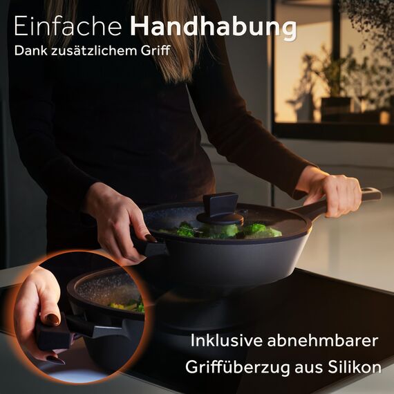 ZWIEGER Große Pfanne mit Deckel 28cm – Schmorpfanne 28 cm hoher Rand, Aluguss, vollflächiger Edelstahlboden, für alle Herdarten (inklusive Induktion) geeignet – Antihaft, PFOA- & PFOS-frei