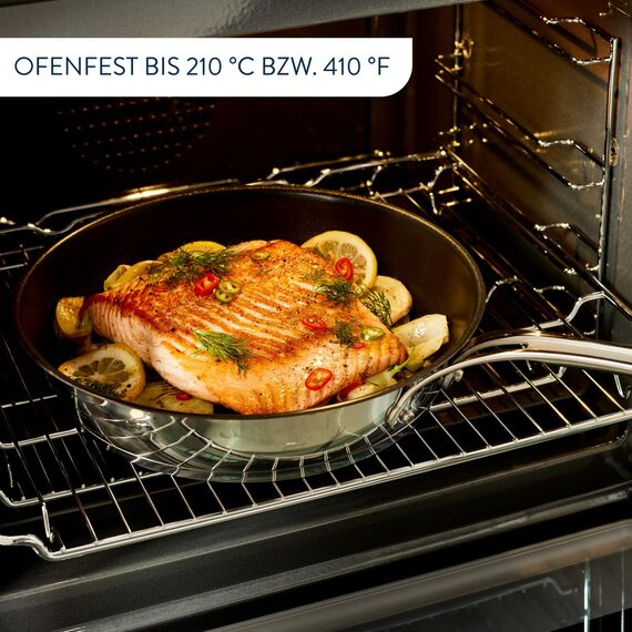 Tefal Jamie Oliver Cook’s Classic Bratpfanne 28 cm + Together Booklet mit 6 Rezepten, Antihaftversiegelung, Thermo-Signal Silikon-Griff, induktionsgeeignet, ofenfest, Edelstahl, schwarz