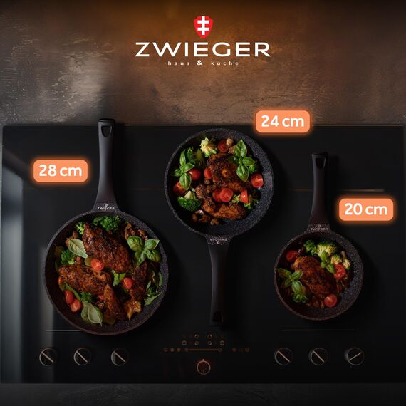 ZWIEGER Aluguss Pfannenset mit Deckel – 5-teiliges Pfannenset Induktion: Bratpfanne 28 cm und 24 cm mit Deckeln, kleine Pfanne 20 cm, für alle Herdarten geeignet – Antihaft, PFOA- & PFOS-frei