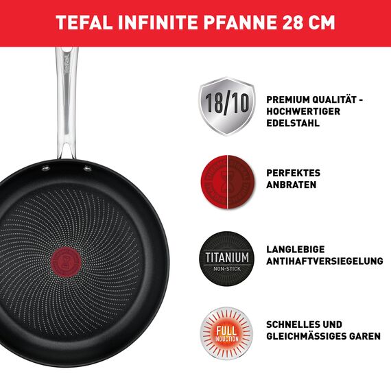 Tefal Infinite Pfanne Induktion 28 cm, Bratpfanne mit Antihaftversiegelung, Thermo-Signal bei idealer Brattemperatur, einfache Reinigung, für alle Herdarten geeignet, Premium-Edelstahl, H81506