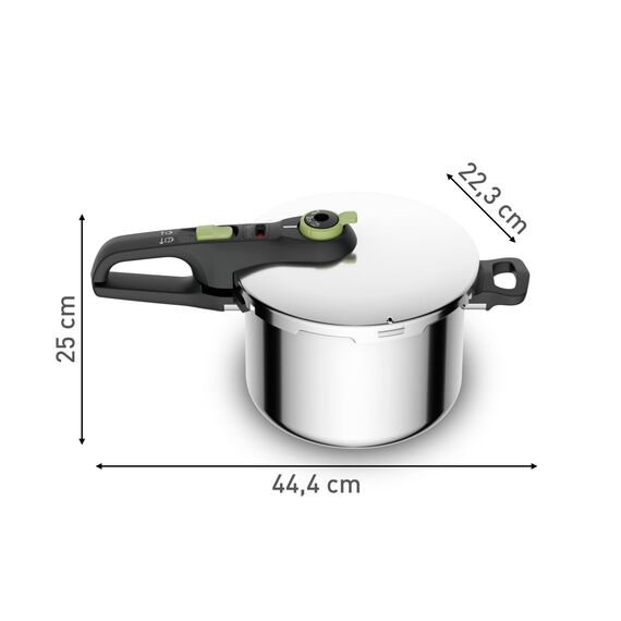 Tefal Secure Trendy Schnellkochtopf induktion 6l, 2-Stufen-Garregler: Intensivstufe 117°C, Schonstufe 112°C, Induktions-Kapselboden, für alle Herdarten, Edelstahl/Schwarz/Grün, P2580703