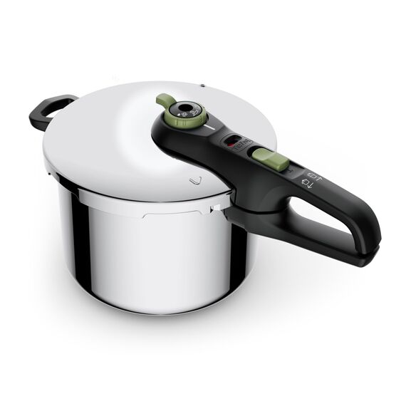 Tefal P2584402 Secure Trendy Schnellkochtopf 8 L mit Korb | 2-Stufen-Garregler: Intensivstufe 117°C, Schonstufe 112°C | Induktions-Kapselboden | für alle Herdarten | Edelstahl/Schwarz/Grün