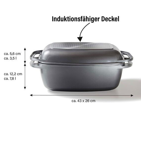 STONELINE Aluguss Bräter mit Deckel 43x26 cm, 8,4 L Bräter Induktion Backofengeeignet Für alle Herdarten, Deckel als Auflaufform verwendbar, Topf Antihaft Beschichtet mit echten Steinpartikeln, Grau