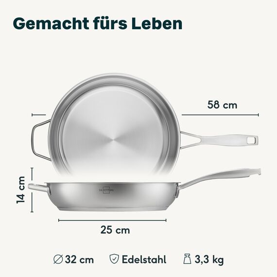 SILBERTHAL Edelstahl Pfanne Unbeschichtet 32 cm - Induktion - Profi Bratpfanne - Röstaromen - Ofenfest