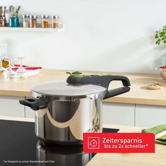Tefal Secure Trendy Schnellkochtopf induktion 6l, 2-Stufen-Garregler: Intensivstufe 117°C, Schonstufe 112°C, Induktions-Kapselboden, für alle Herdarten, Edelstahl/Schwarz/Grün, P2580703