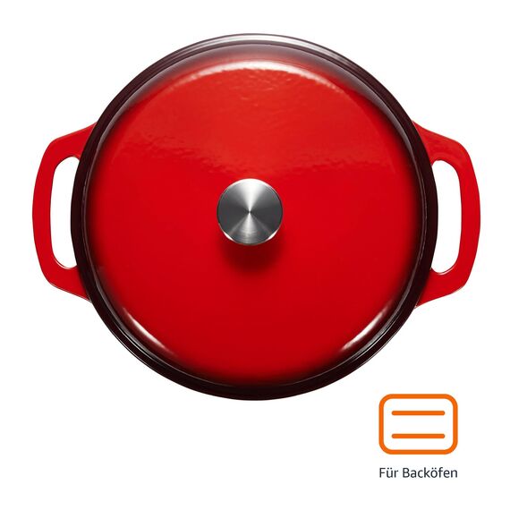 Amazon Basics Rund, Schmortopf aus emailliertem Gusseisen, 5.7 l, Rot