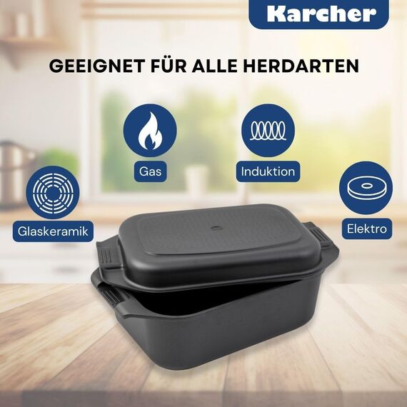 Karcher Induktion Bräter mit Deckel 2in1 (Aluguss, 8,7 Liter, inkl. Topfhandschuhe)