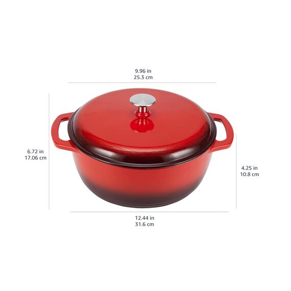 Amazon Basics Rund Bräter Schmortopf aus emailliertem Gusseisen, 4.1 L, Rot