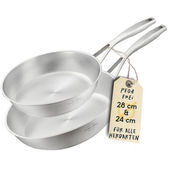 SILBERTHAL Pfannen Set 2 teilig - Edelstahlpfanne Unbeschichtet - 24 cm und 28 cm - Induktionsgeeignet - Backofenfest