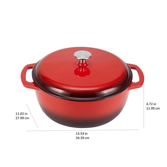 Amazon Basics Rund, Schmortopf aus emailliertem Gusseisen, 5.7 l, Rot