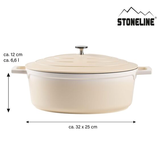STONELINE Cocotte Bräter Induktion mit Deckel 32 cm, 6,6 L, Topf Antihaft Beschichtung mit echten Steinpartikeln, Bratentopf Schmortopf für alle Herdarten und Backofengeeignet, Farbe: Creme