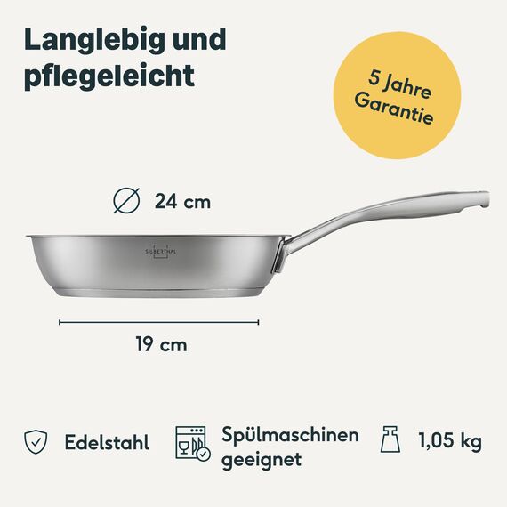 SILBERTHAL Edelstahl Pfanne Unbeschichtet - Induktion - Profi Bratpfanne 24cm - Röstaromen - Ofenfest