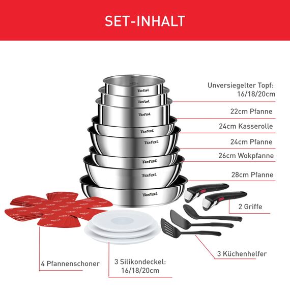 Tefal Ingenio Emotion 20-tlg. Topf und Pfannenset abnehmbarer Griff, mit Zubehör, stapelbar, platzsparend, Topfset Induktion Titanium 2X Antihaftversiegelung, einfache Handhabung und Reinigung, L897SK