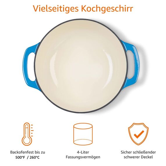 Amazon Basics - Bräter Schmortopf aus emailliertem Gusseisen, 4 L, Blau