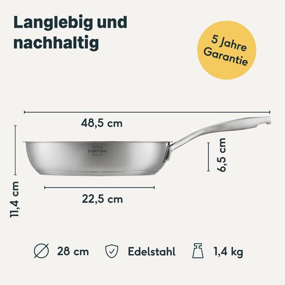 SILBERTHAL Edelstahlpfannen 2er Set 28 cm Unbeschichtet & Beschichtet -Pfannenset 2 teilig backofenfest & spülmaschinengeeignet