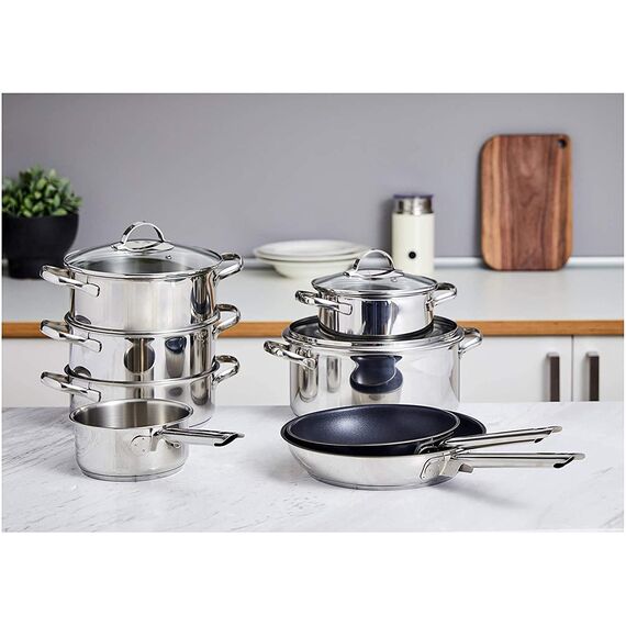 Amazon Basics 11 Stück Kochgeschirr-Set, Edelstahl, induktionsgeeignet, mit Deckeln, Silberfarben