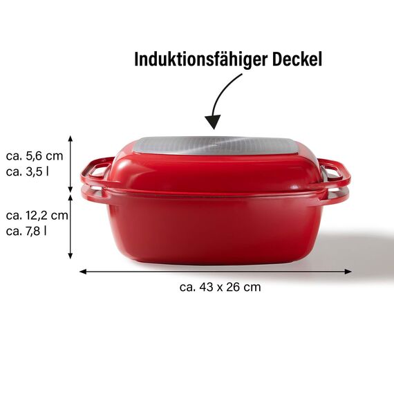 STONELINE Aluguss Bräter mit Deckel 43x26 cm, 8,4 L Bräter Induktion Backofengeeignet Für alle Herdarten, Deckel als Auflaufform verwendbar, Topf Antihaft Beschichtet mit echten Steinpartikeln, Rot