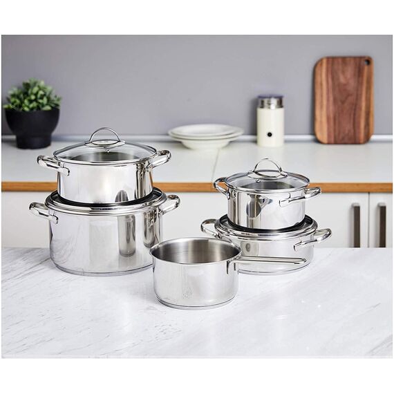 Amazon Basics 9 Stück Kochgeschirr-Set, Edelstahl, induktionsgeeignet, mit Deckeln, Silberfarben