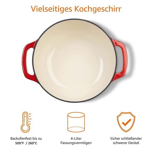 Amazon Basics Rund, Schmortopf aus emailliertem Gusseisen, 5.7 l, Rot