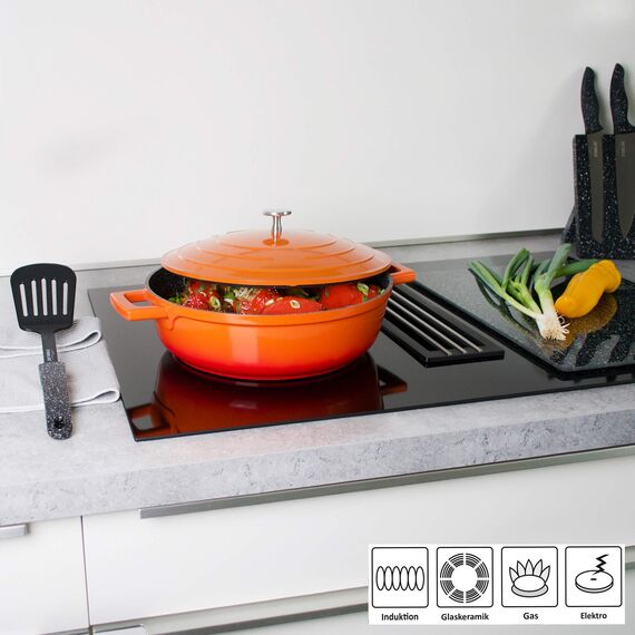 STONELINE Cocotte Bräter mit Deckel Induktion 28 cm, 4,2 L, Aluguss Topf beschichtet mit echten Steinpartikeln, Bratentopf Schmortopf mit Deckel Backofengeeignet, für alle Herdarten, Farbe: Ofenrot