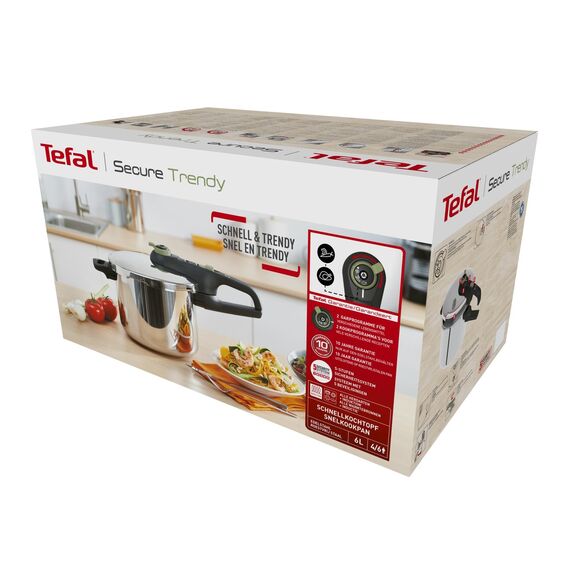 Tefal Secure Trendy Schnellkochtopf induktion 6l, 2-Stufen-Garregler: Intensivstufe 117°C, Schonstufe 112°C, Induktions-Kapselboden, für alle Herdarten, Edelstahl/Schwarz/Grün, P2580703